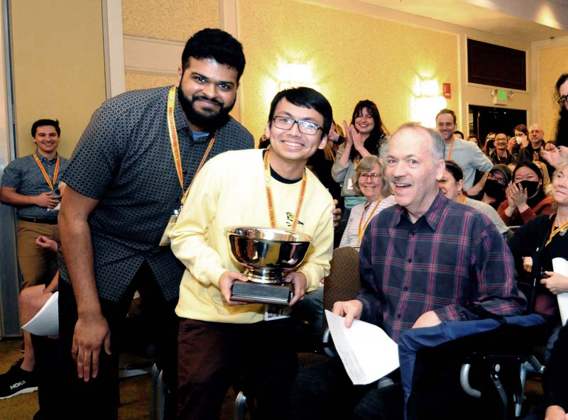 Paolo Pasco, Tournament Victor with Puzzle 8 Constructor Sid Sivakumar and Tournament Director, Will Shortz